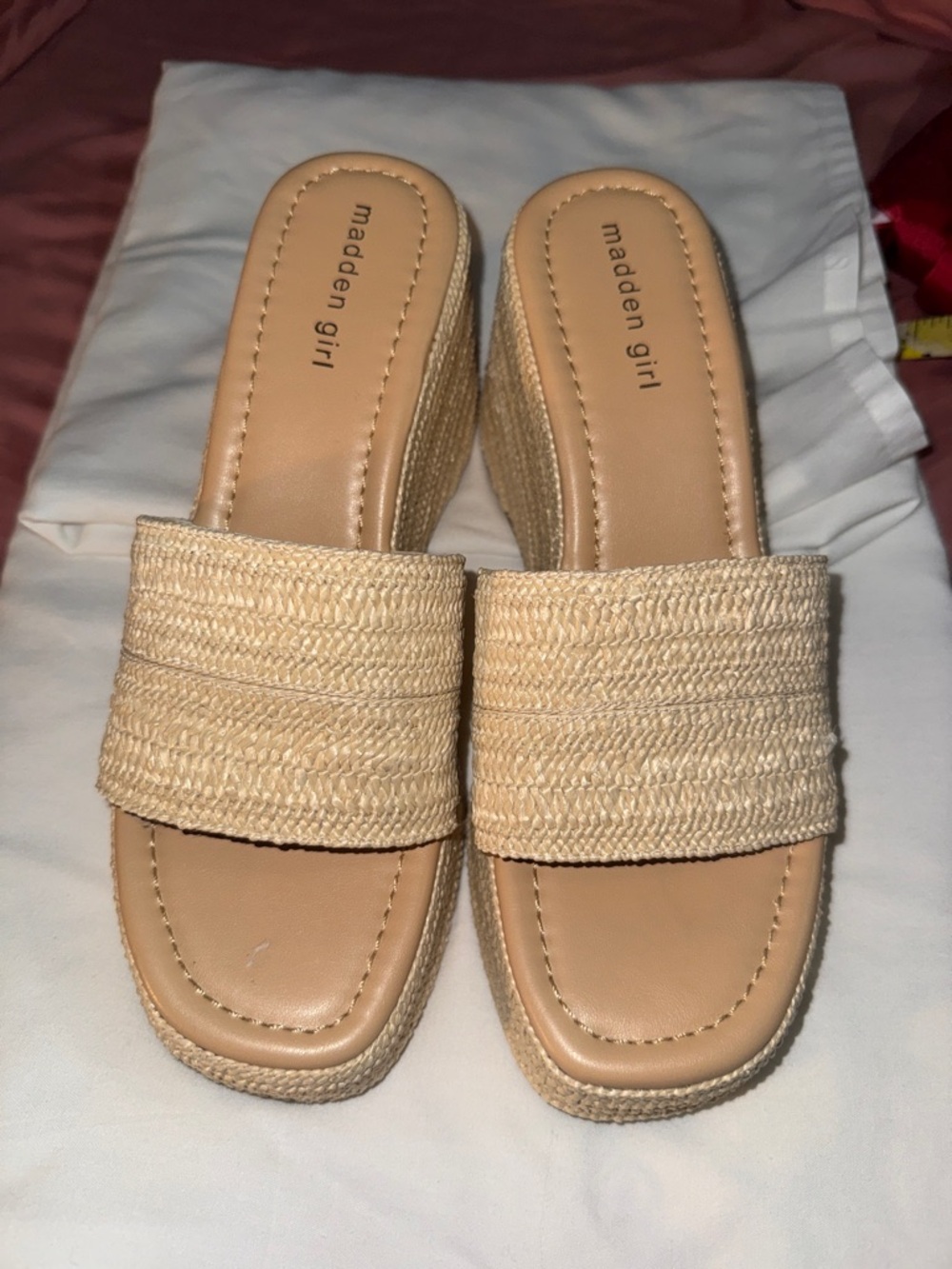 Madden Girl Natural Raffia Wedge Slide Sandals size 9.5